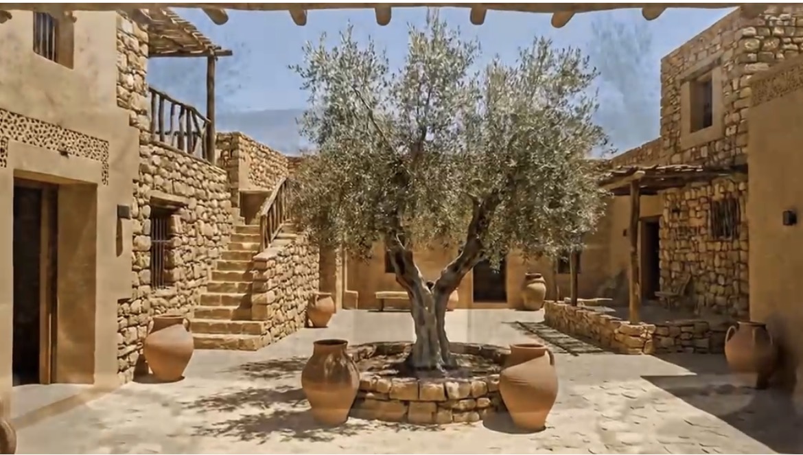 Cour marocaine, olivier et poteries artisanales